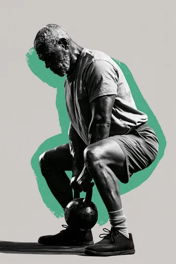 An older lifter mid goblet squat with a kettlebell, black and white on cream paper.