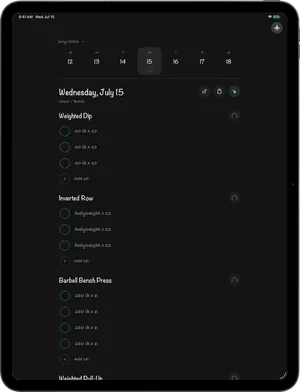 iPad Pro: Wednesday, July 15, Chest and Back. Weighted Dip at 60 lb for 10, Inverted Row, Barbell Bench Press at 260 lb for 6.