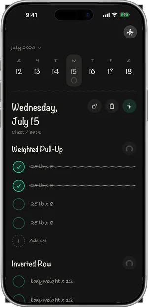 iPhone 17 Pro Max: Wednesday, July 15, Chest and Back. Weighted Pull-Up, 25 lb for 8, two of four sets checked off and struck through.