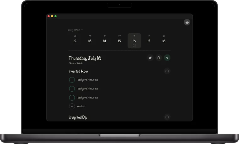 MacBook Pro: the Reps window on Thursday, July 16, Chest and Back. Inverted Row, three sets of bodyweight for 12, Weighted Dip below.