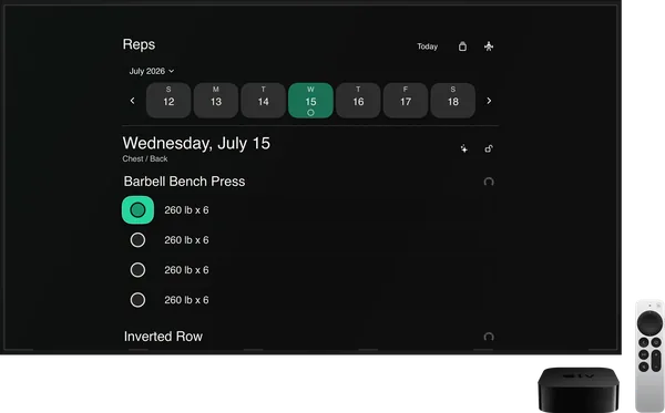 Apple TV 4K on a television: Wednesday, July 15. Barbell Bench Press, 260 lb for 6, the first set circle focused in green.