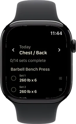 Apple Watch Series 11: Today, Chest and Back, 0 of 14 sets complete. Barbell Bench Press, set 1 and set 2 at 260 lb for 6.