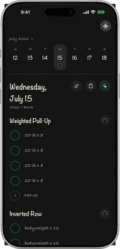 iPhone showing 941 Reps on Wednesday, July 15: Chest and Back, Weighted Pull-Up at 25 lb for 8, four sets planned, Inverted Row below.
